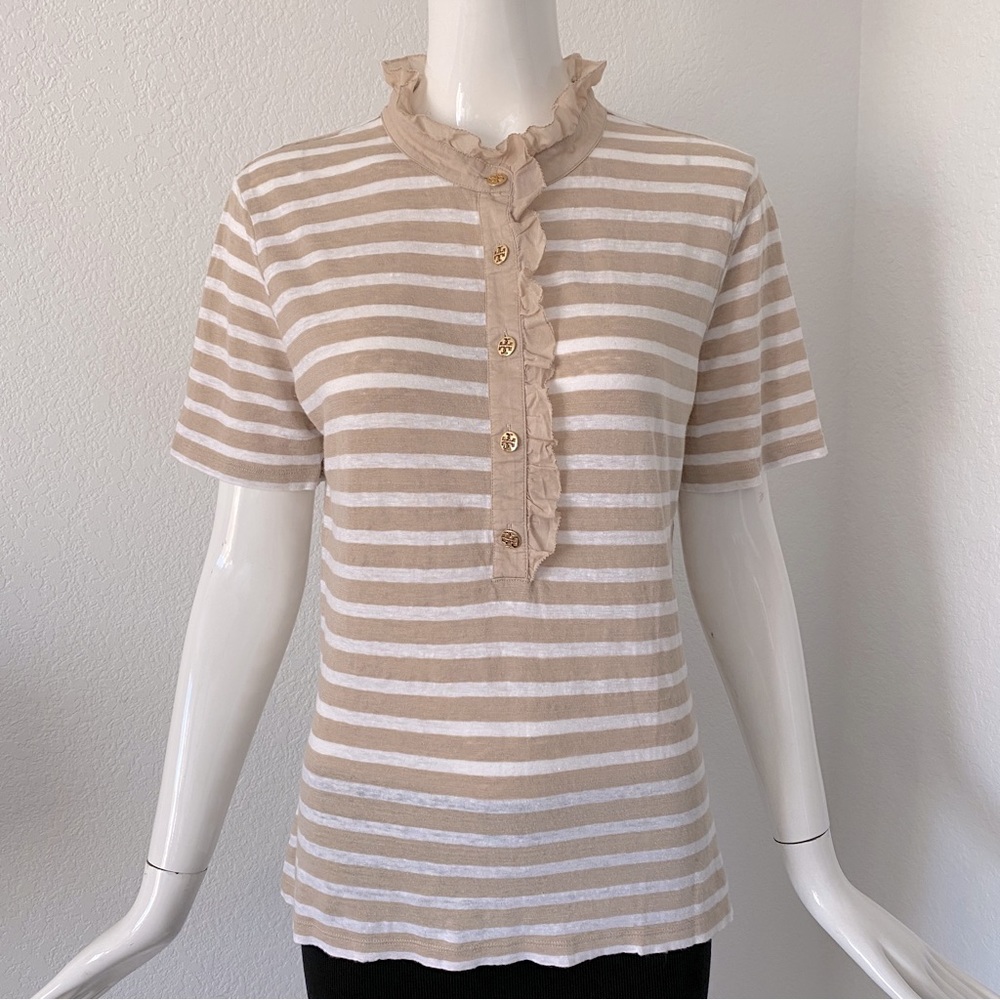 Tory Burch beige white tripe ruffle neck polo shirt